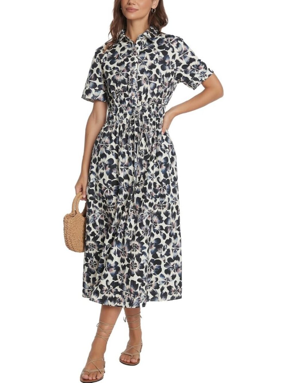 Chic Casual Button Down Short Sleeve Midi Dress with Tie Waist for Business